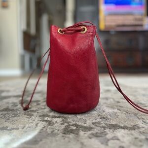 Elegant Red Leather Drawstring Bucket Bag